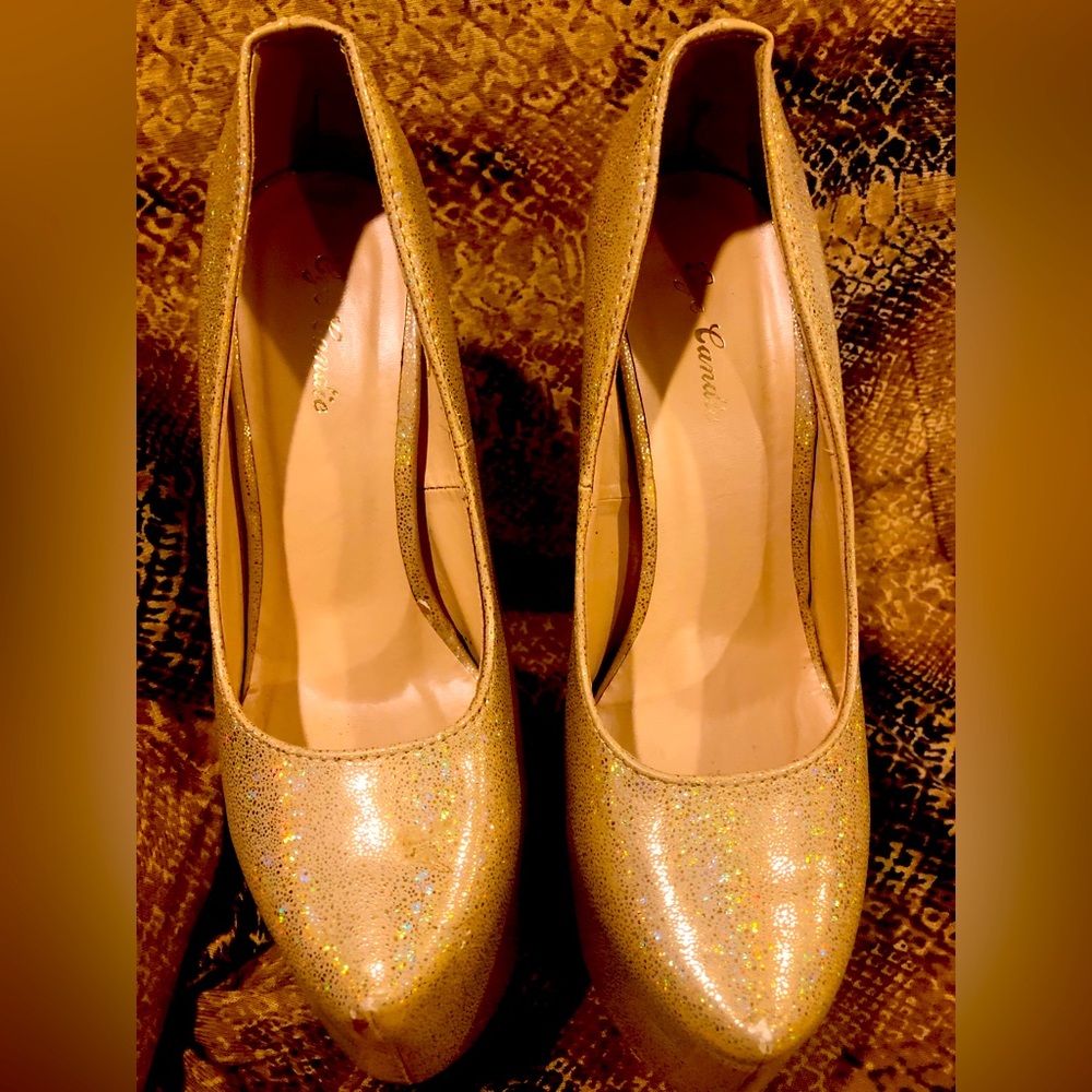 Eye Candie platform 6.5 inch stiletto heel, gold sparkly and specked shoes